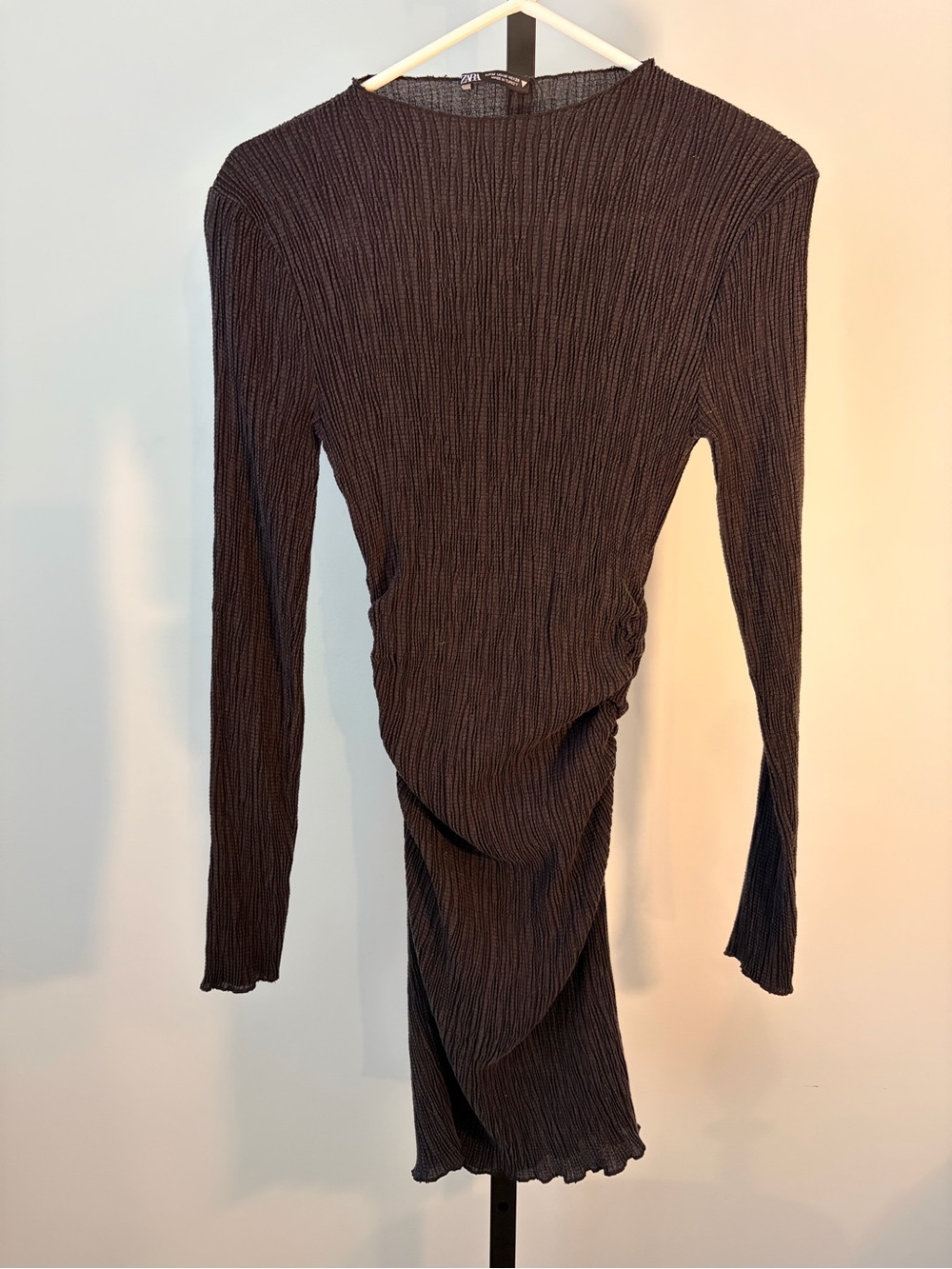Zara Black Ribbed Long-Sleeve Ruched Midi Dress